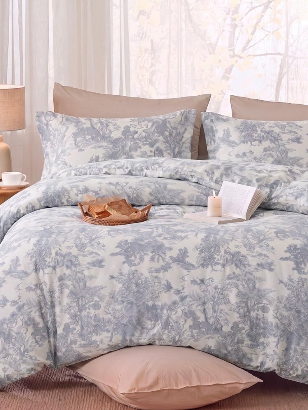 100% Cotton Duvet Cover Queen Size – Grey Toile Botanical Duvet Cover Set, 3